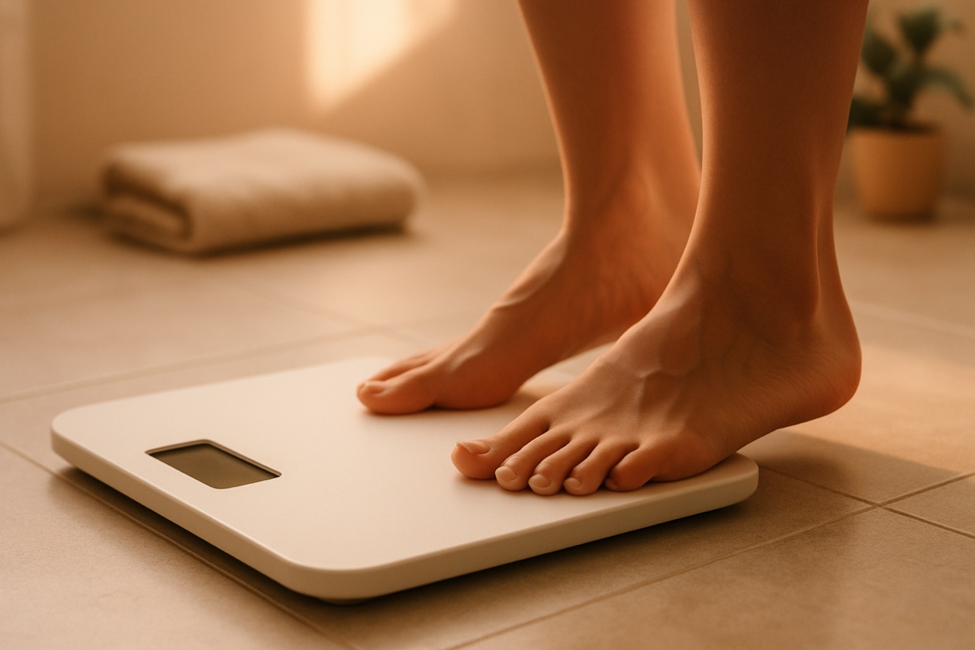 Bare feet stepping onto a white bathroom scale on a tiled floor in soft morning light