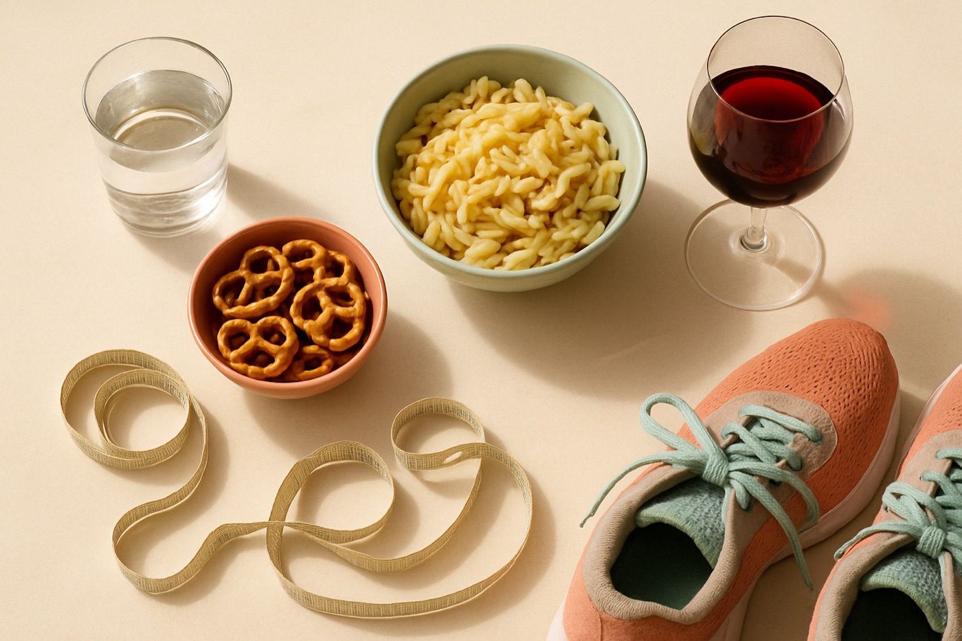 Flat lay of a glass of water, salted pretzels, a bowl of pasta, a glass of red wine, a measuring tape and running shoes — everyday things that shift body weight day to day