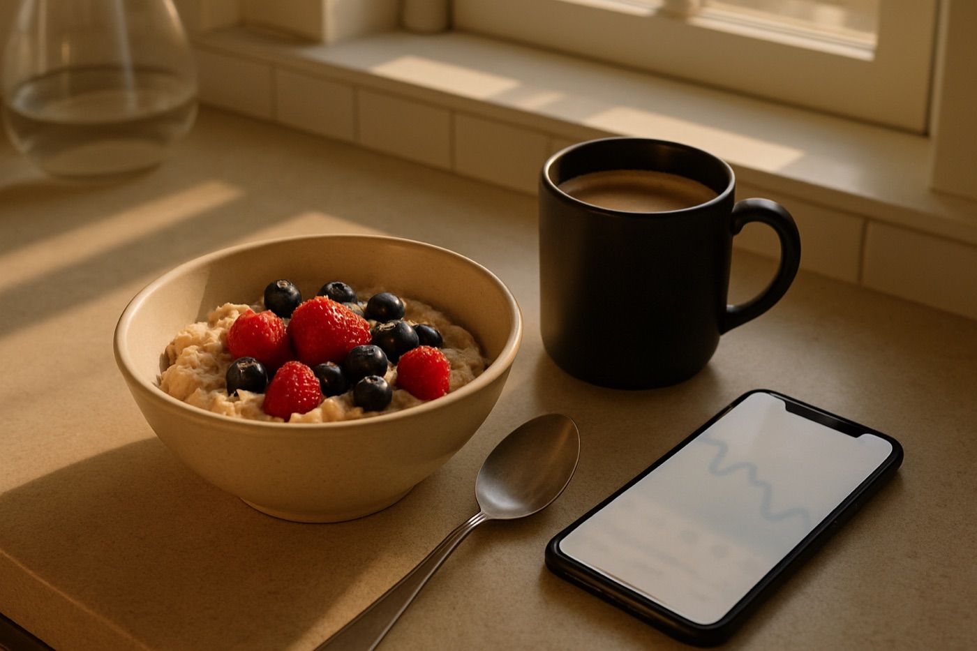 A breakfast bowl of oatmeal with berries and a cup of coffee next to a smartphone showing a weight trend line