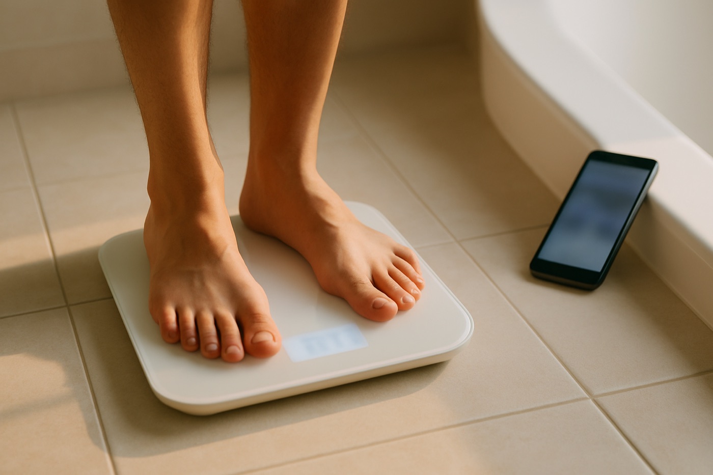 Bare feet on a digital bathroom scale on a tiled floor with a smartphone nearby